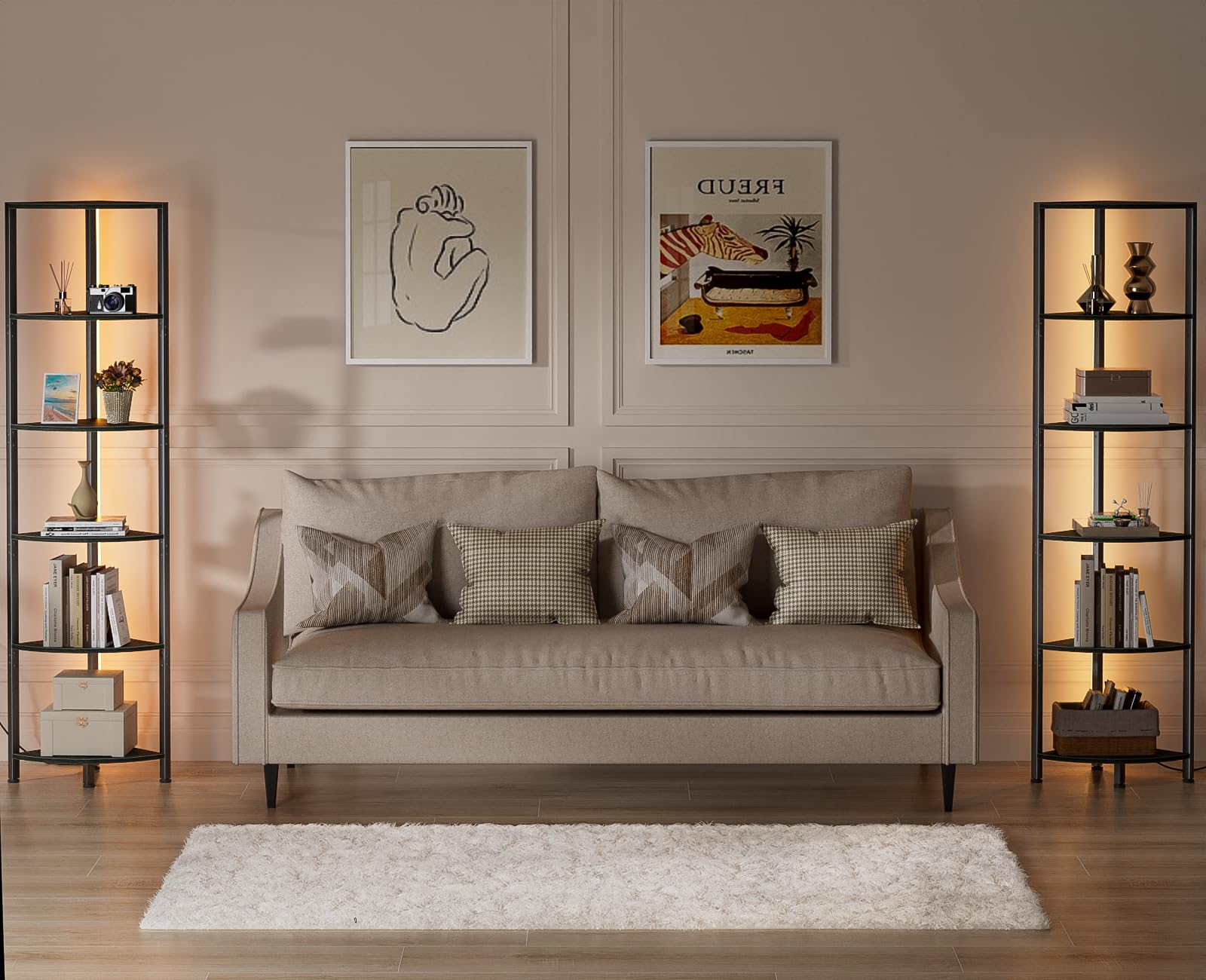Furnulem shelf size comparison next to sofa demonstrating narrow footprint in small living room