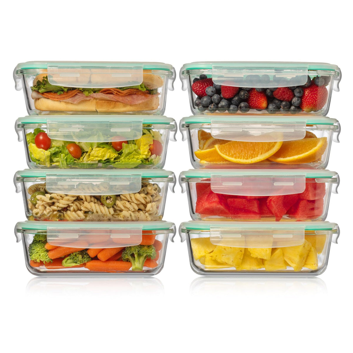 Fusion Gourmet front view of eight 35 oz containers showing tidy set benefit