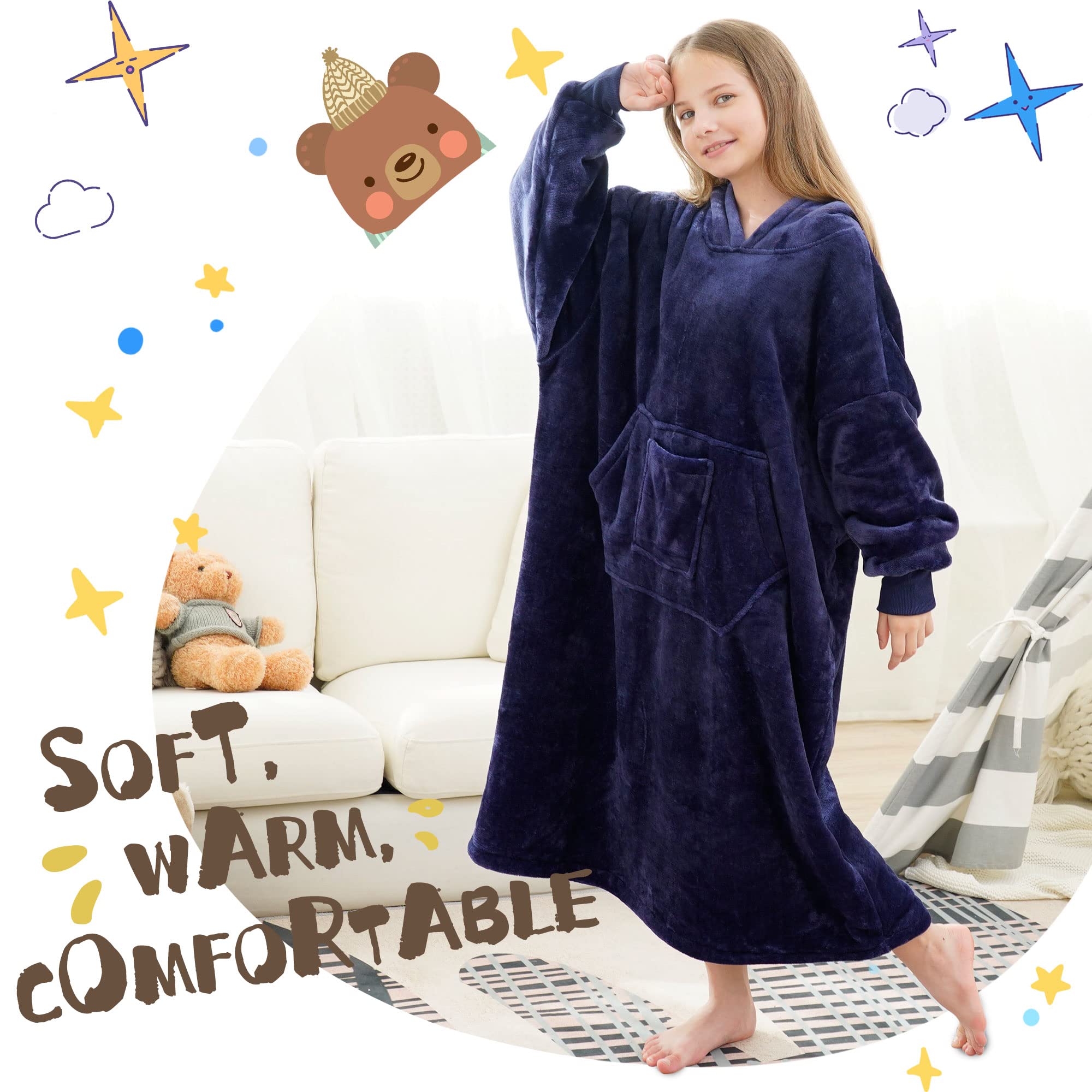 FUSSEDA blanket next to person illustrating extra-long size and full-body warmth