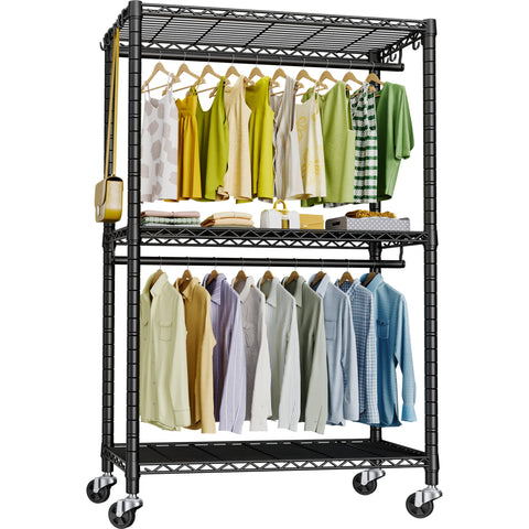 FUTASSI front view assembled rack showing organized hanging clothes and shelves benefit