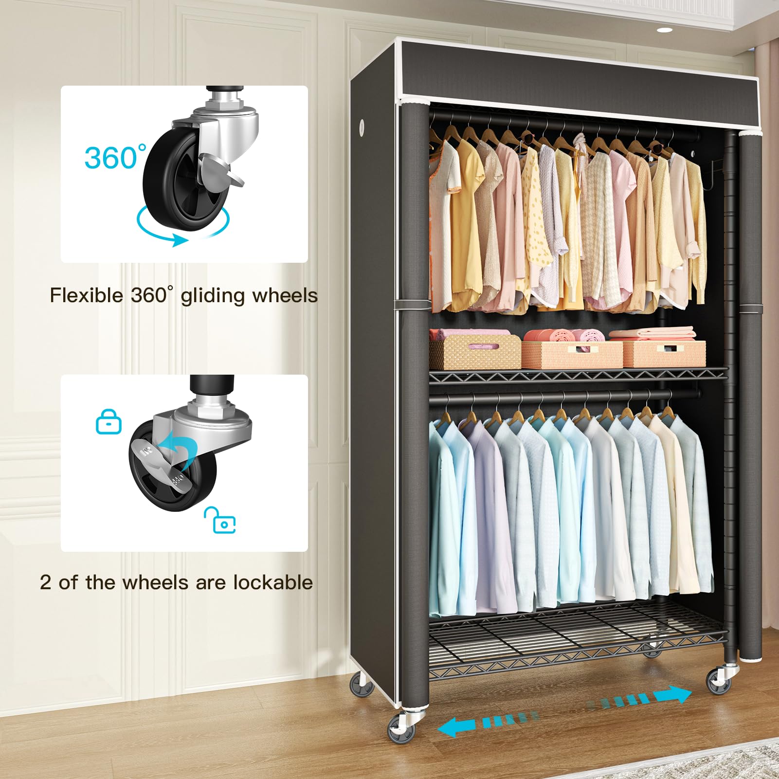 FUTASSI open front revealing hanger rods and shelves for organized clothes