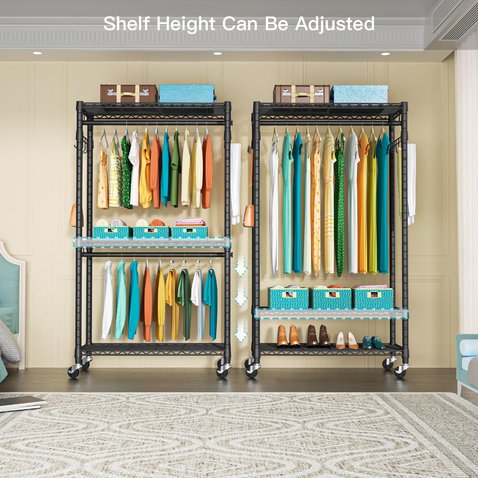 FUTASSI metal hanger rod loaded with coats showing heavy-duty support benefit