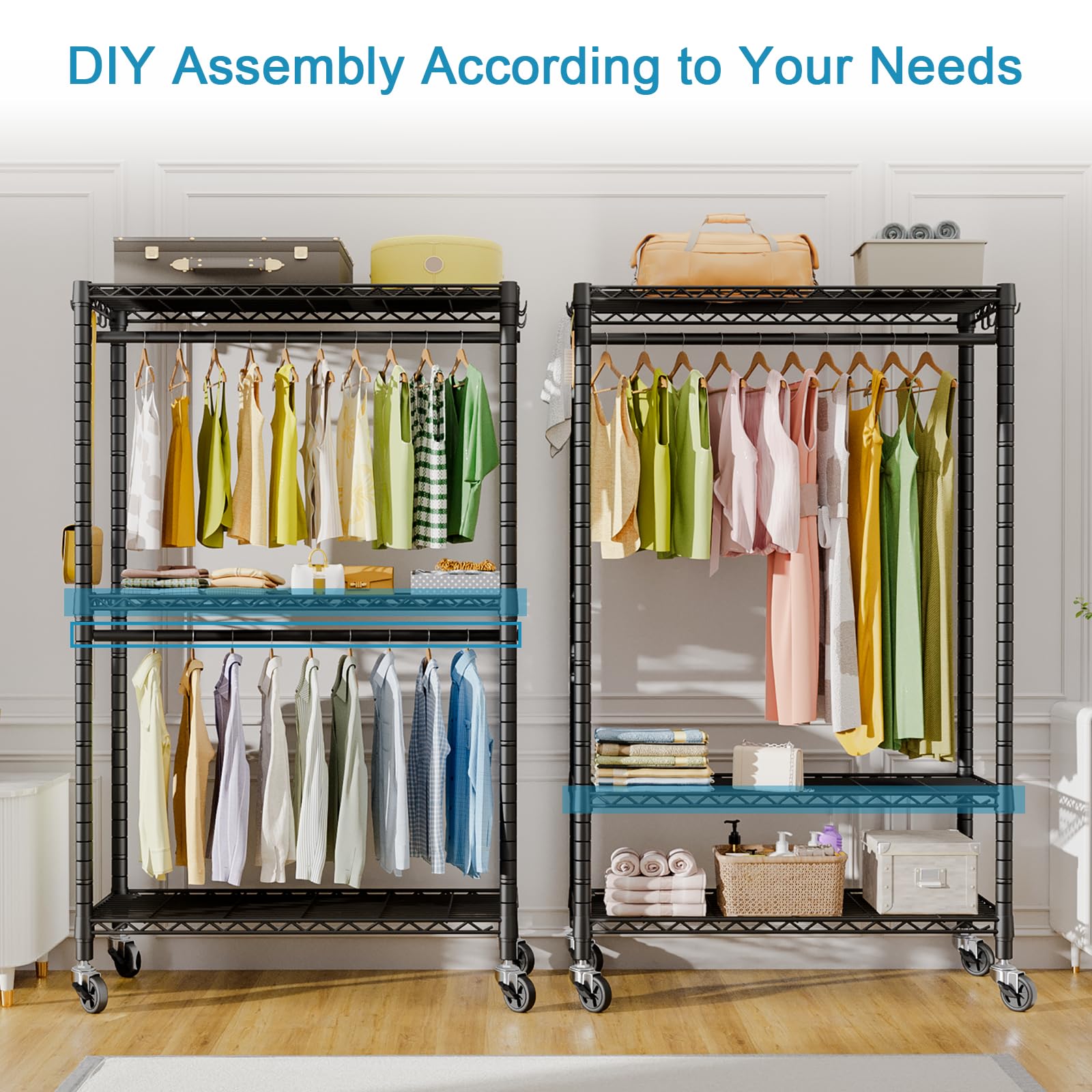 FUTASSI shelves in use with folded clothes and shoes showing space optimization benefit