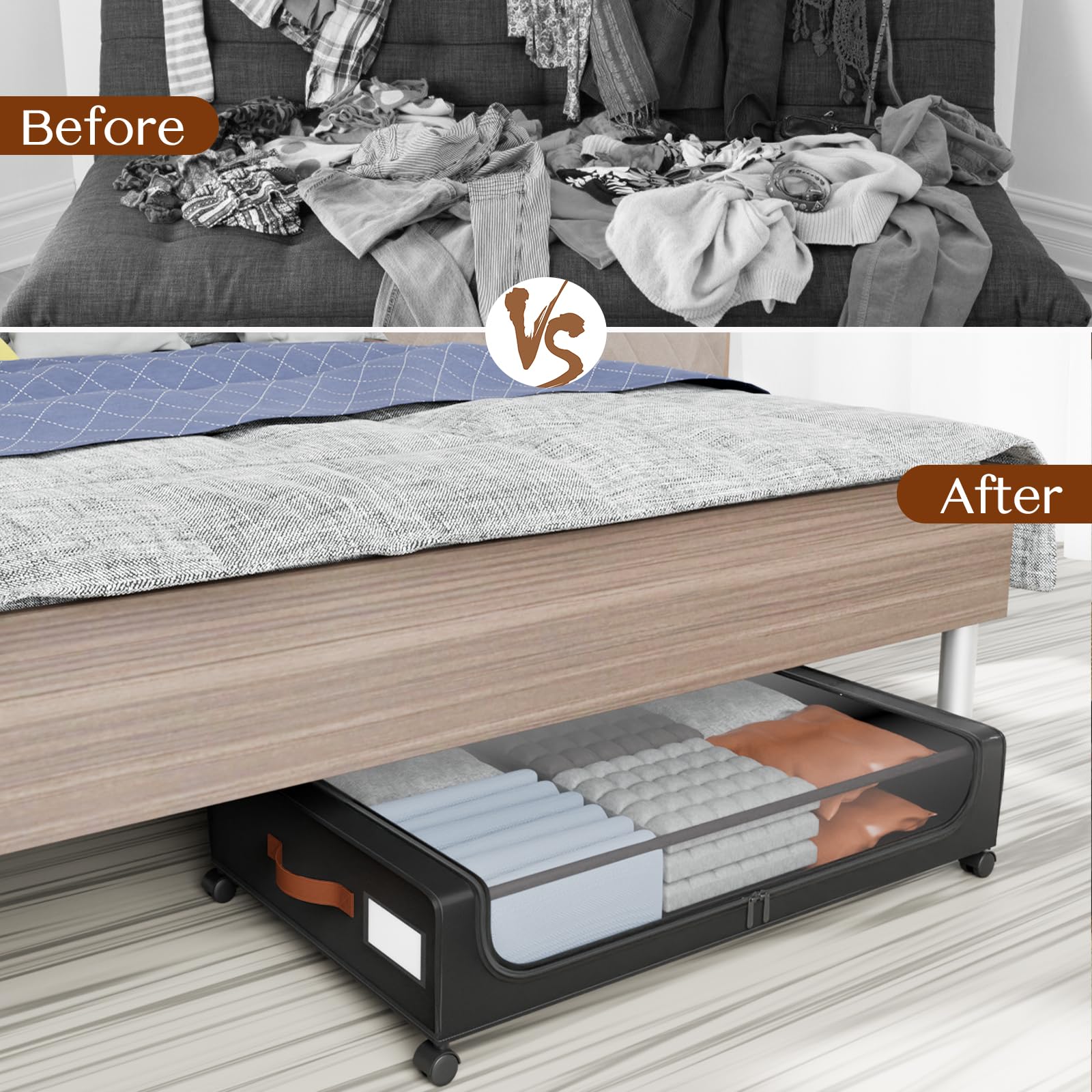 Futego under-bed container shown beneath a bed illustrating low-profile fit