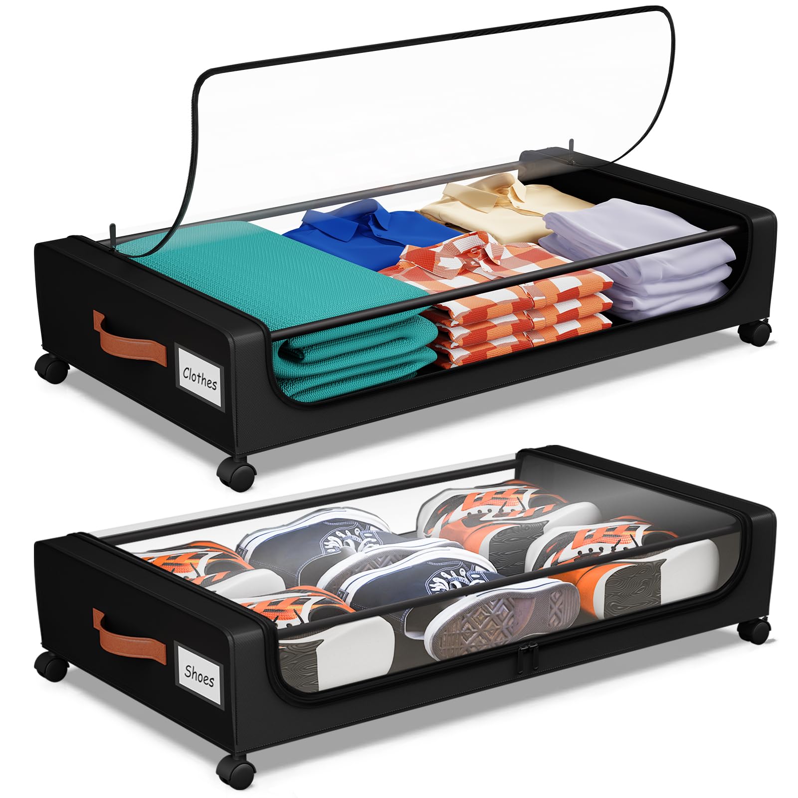Futego front view of under-bed storage bin showing clear lid and handles for quick access