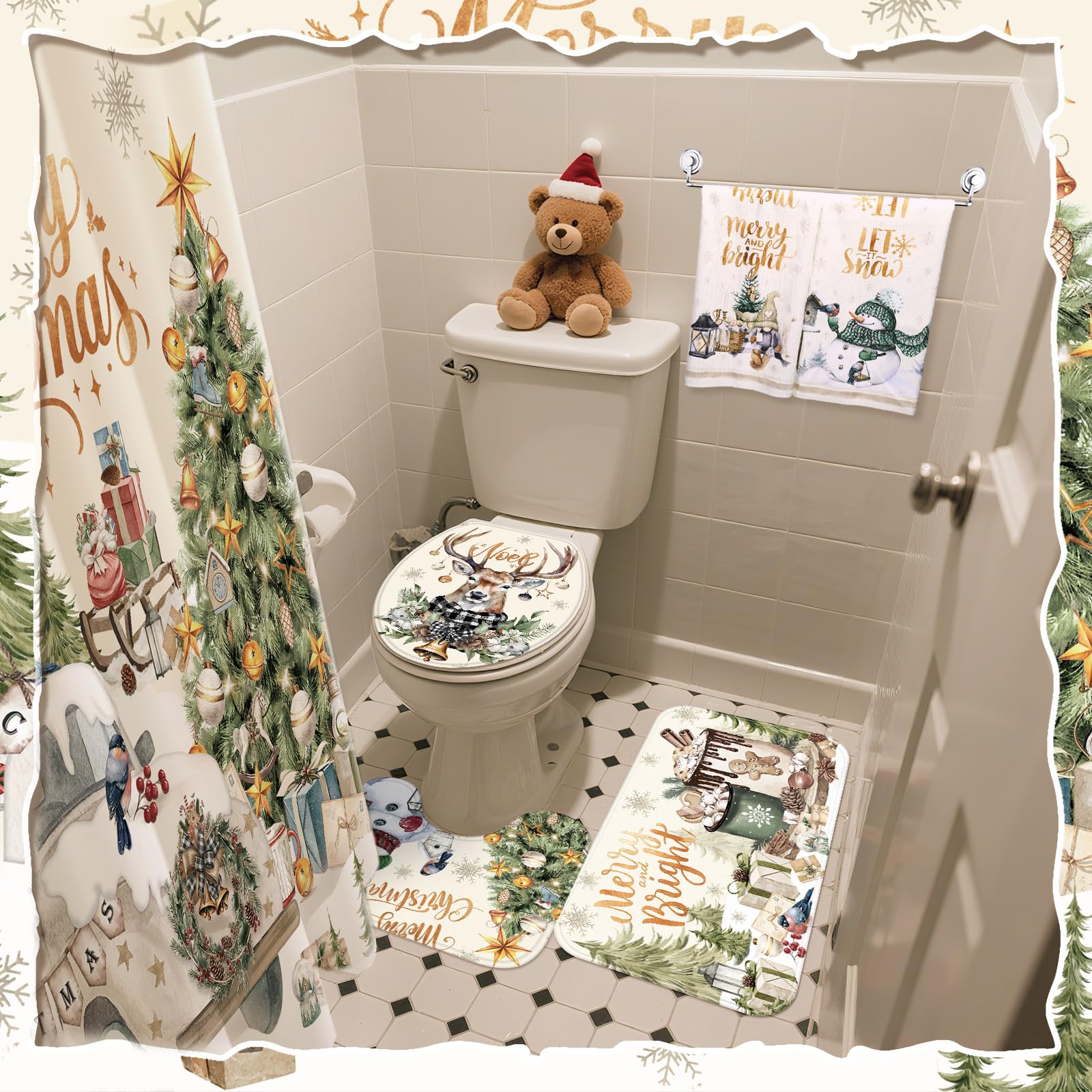 FuWeave styled bathroom with curtain and rugs showing cohesive holiday transformation