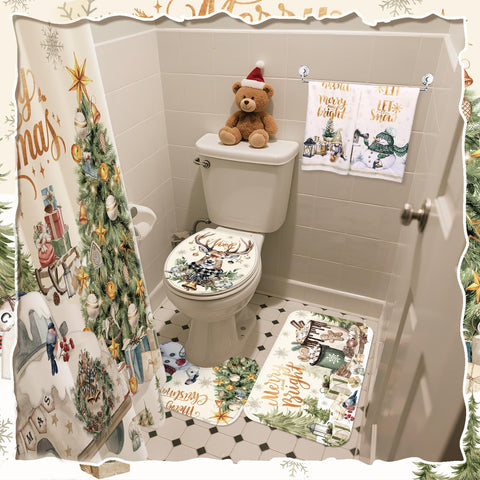 FuWeave styled bathroom with curtain and rugs showing cohesive holiday transformation