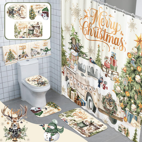 FuWeave shower curtain front view showing vintage holiday scene and easy-hang benefit