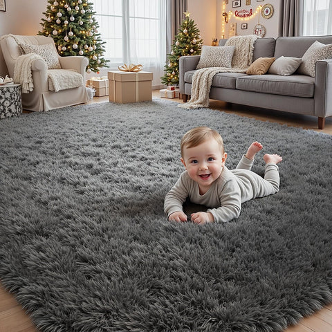 Fuzziness unpacked rug laying flat as it regains fluff and releases packing scent