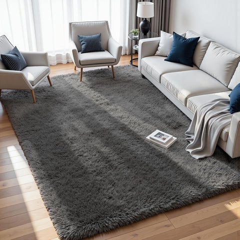 Fuzziness front view of grey 8x10 rug showing neat packaging and elegant appearance