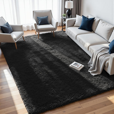 Fuzziness front view of black shag rug shows plush comfort and style