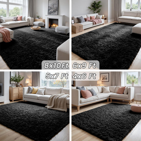 Fuzziness rug next to sofa shows 8x10 scale and room coverage benefit