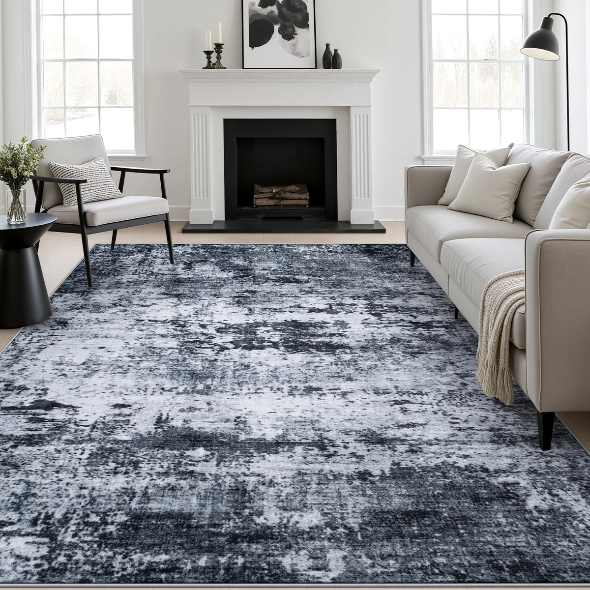 FXRHLP front view of 6x9 black abstract rug showing modern design and room balance