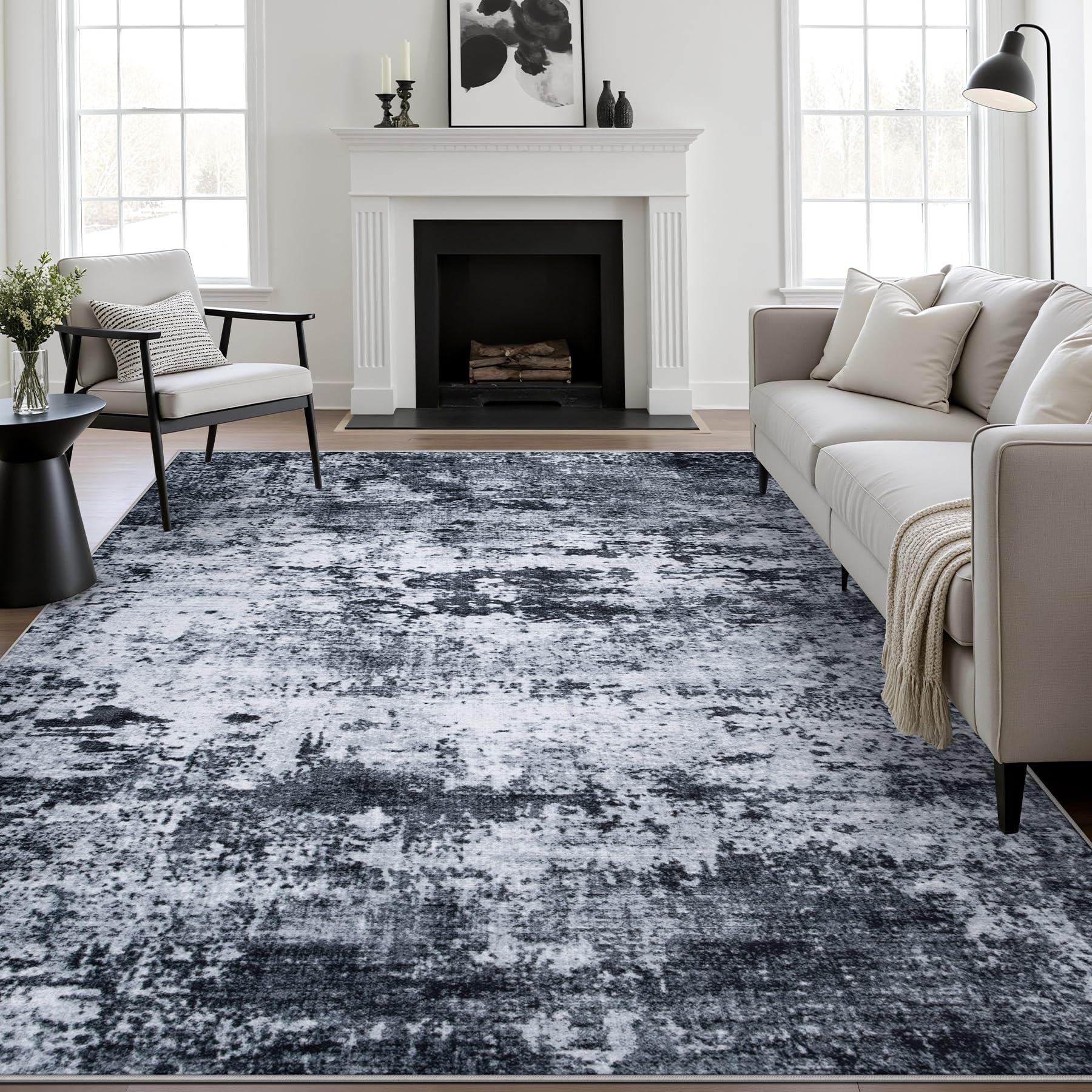 FXRHLP 9x12 front view showing modern black abstract design and room-setting benefit