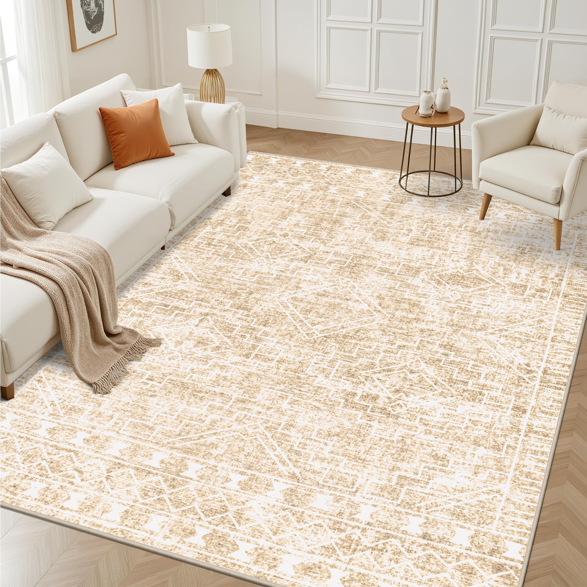 FXRHLP front view showing neutral beige geometric rug and styling benefit