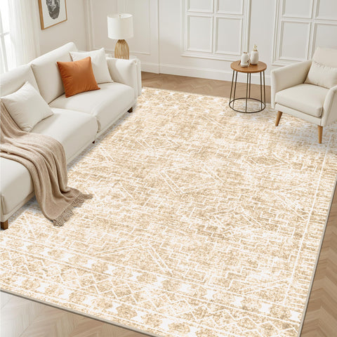 FXRHLP front view showing neutral beige geometric rug and styling benefit