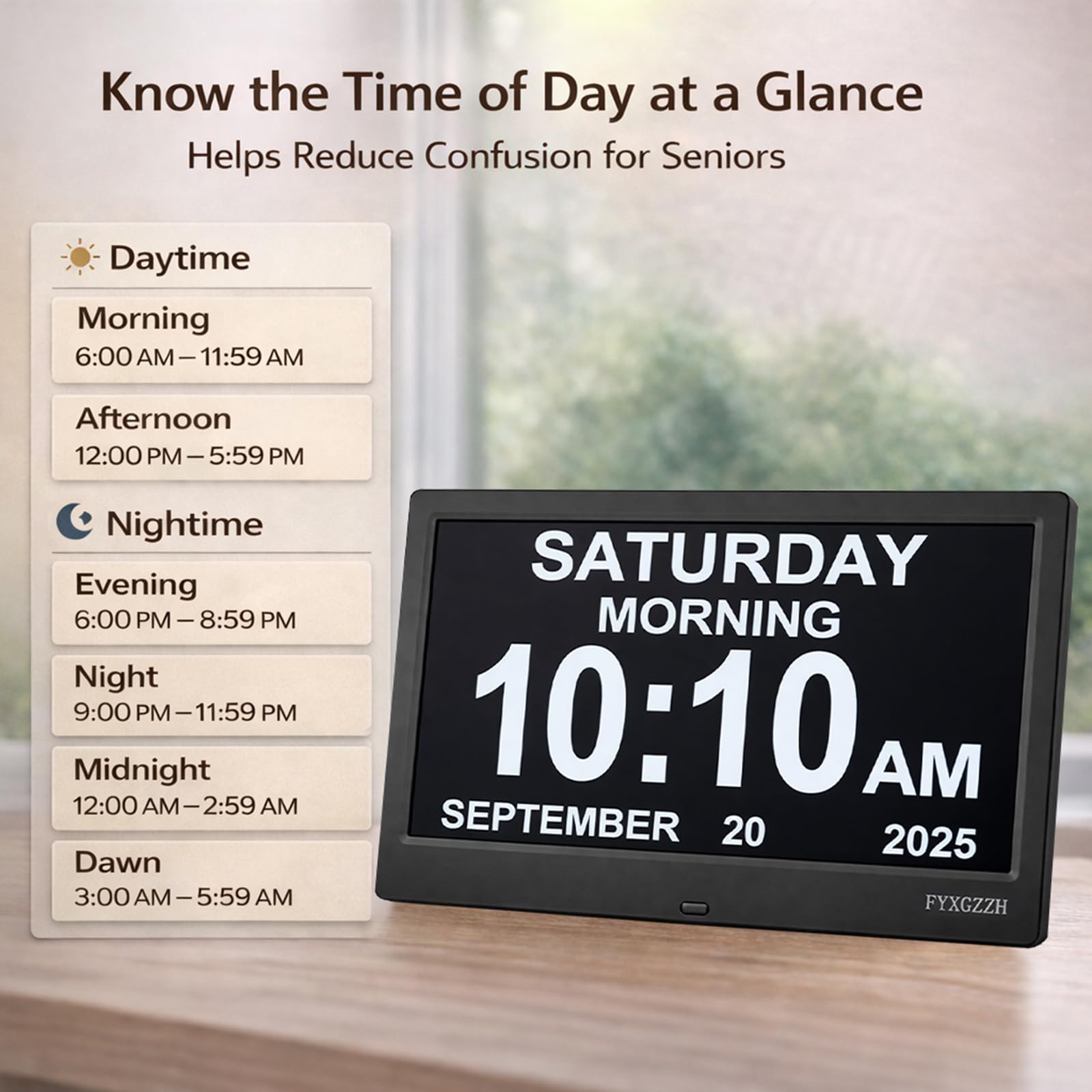 FYXGZZH on a bedside table in use, supports routine reminders