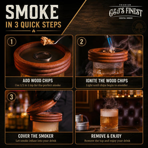 G & J's Finest smoker in use above an Old Fashioned creating dramatic table-side smoke