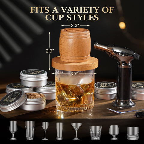 G GOOD GAIN kit beside a whiskey glass showing universal fit and size reference