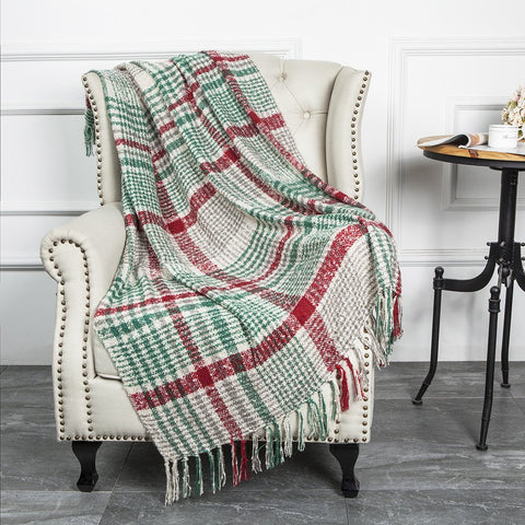 G Lake front view of green red plaid throw showing pattern and color