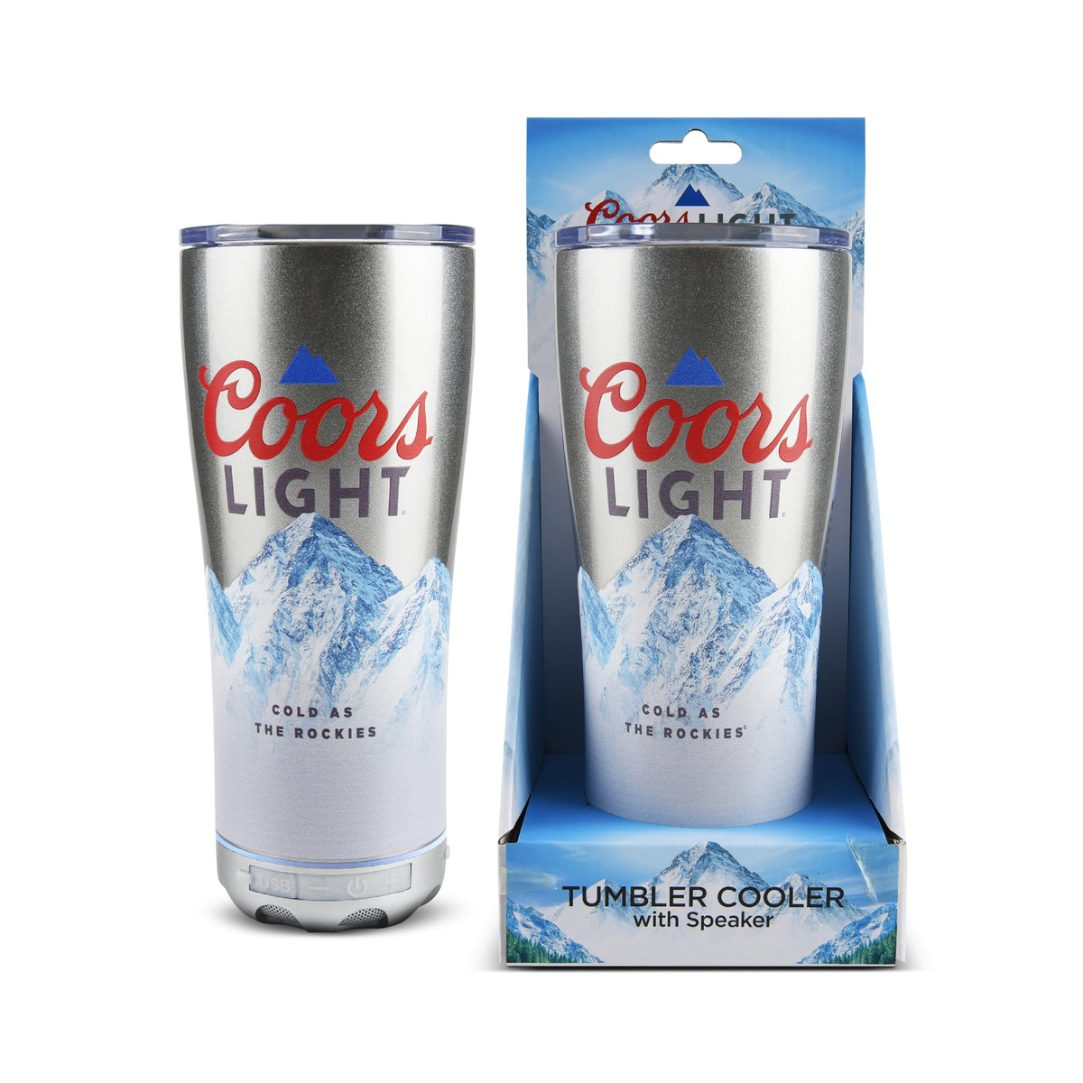 Gabba Goods Coors Light front view showing tumbler and lid, convenient portability