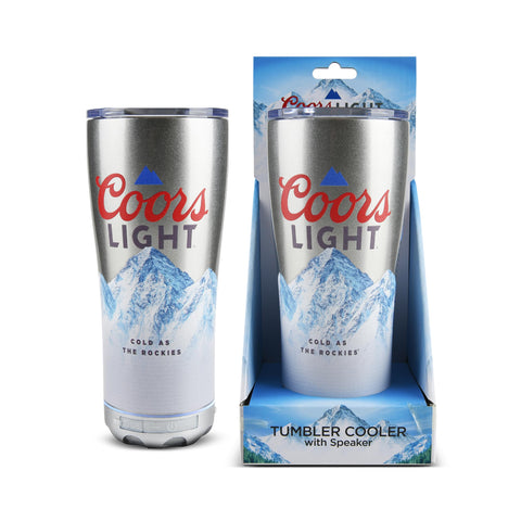 Gabba Goods Coors Light front view showing tumbler and lid, convenient portability