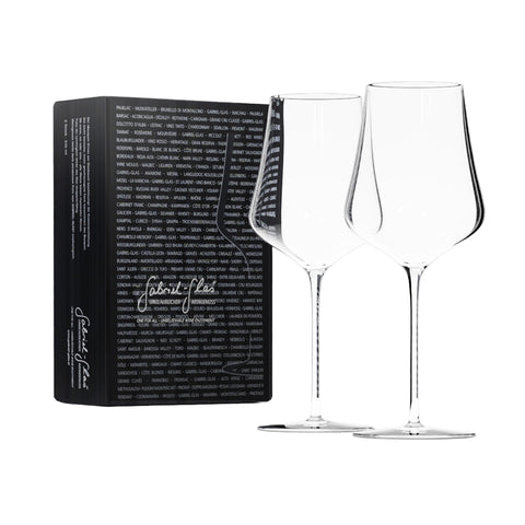Gabriel-Glas front packaging showing boxed two-glass gift set and premium look