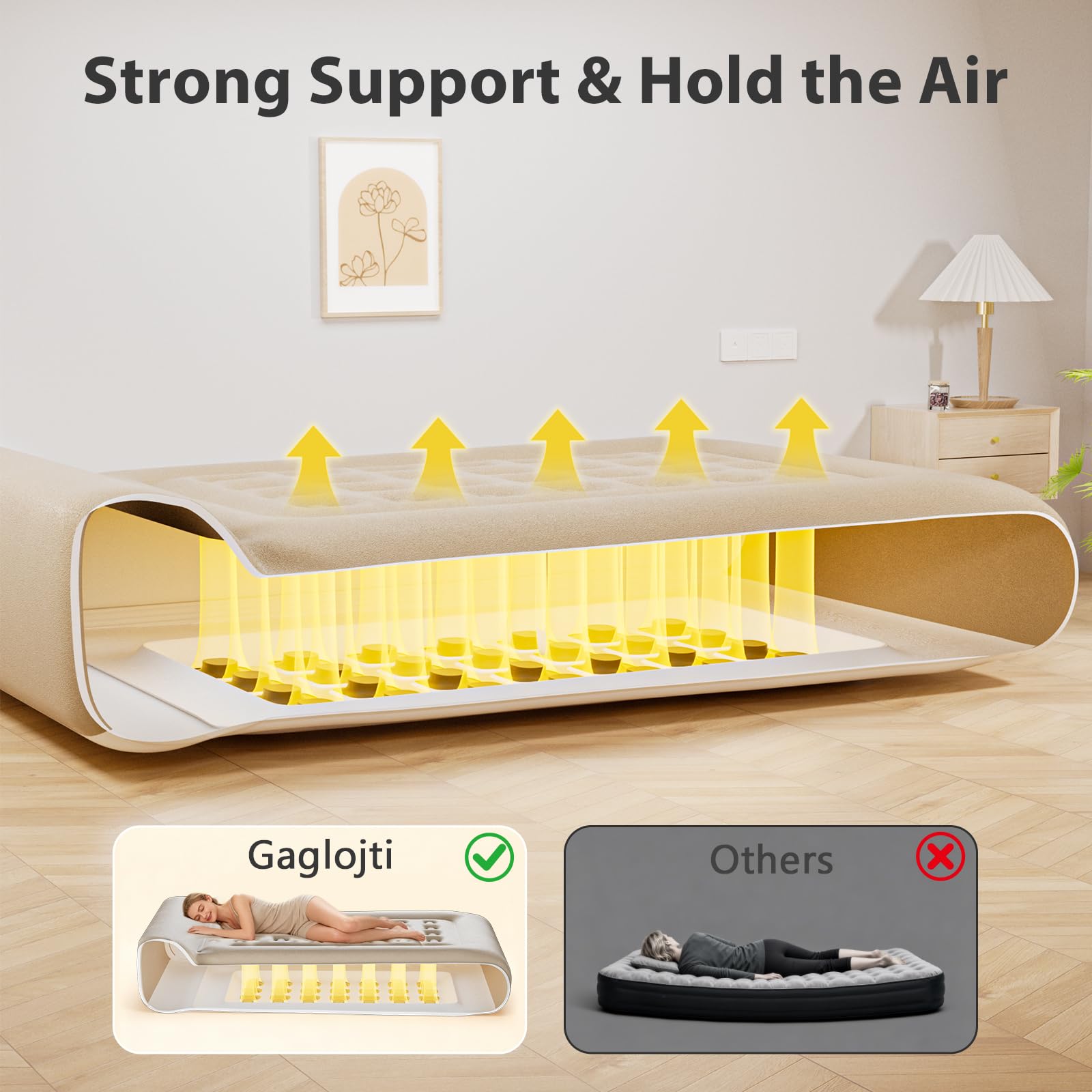 Gaglojti queen air mattress in bedroom setup showing ready-to-sleep comfort