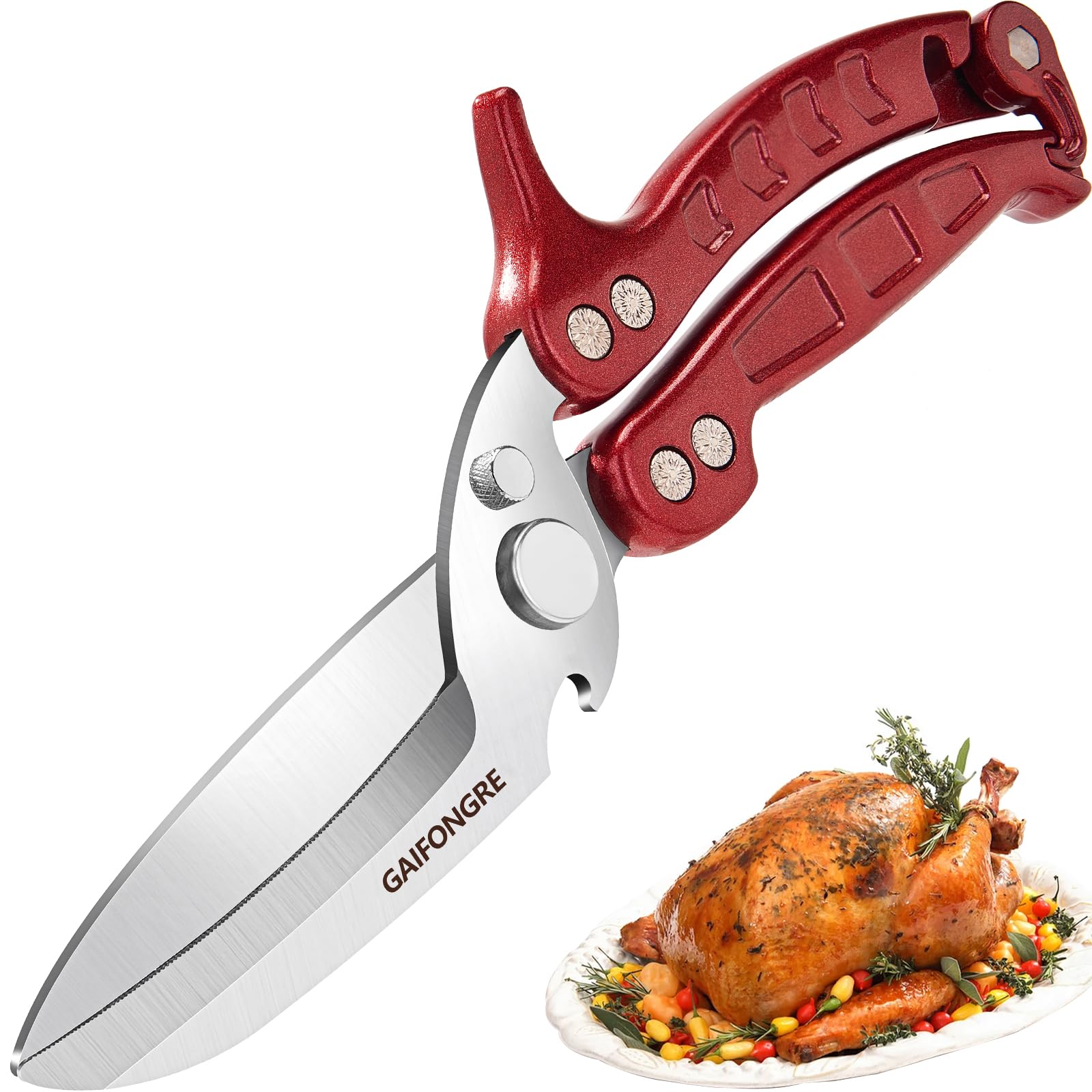 GAIFONGRE front view of poultry shears showing full blade and handle for versatile cutting