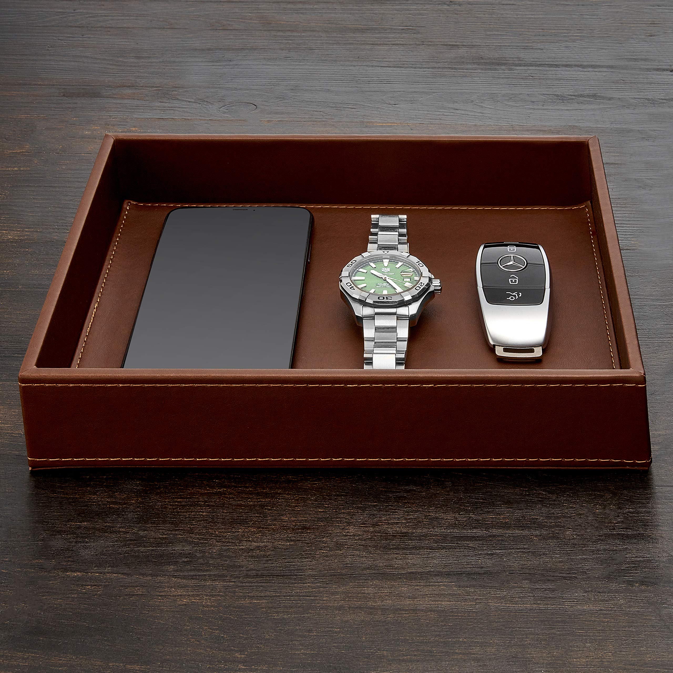 GALLAWAY LEATHER tray filled with keys watch and coins demonstrating capacity
