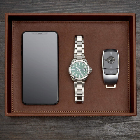 GALLAWAY LEATHER tray on nightstand holding wallet and phone for quick access