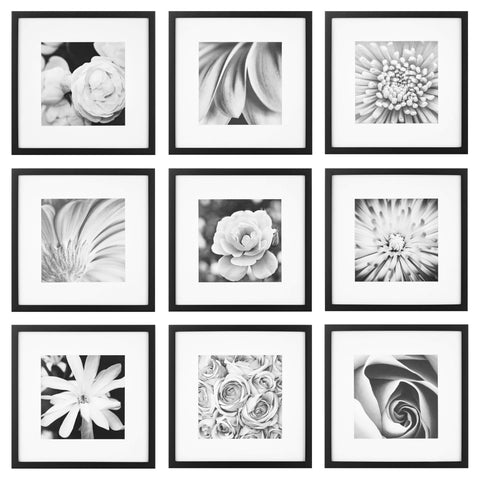 Gallery Perfect front view showing nine black 12x12 frames, cohesive display benefit