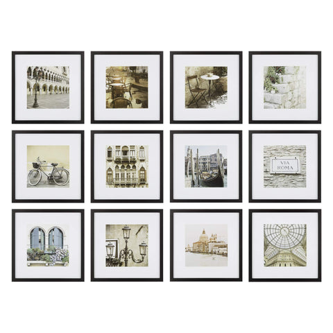 Gallery Perfect front view of twelve black frames showing cohesive modern display