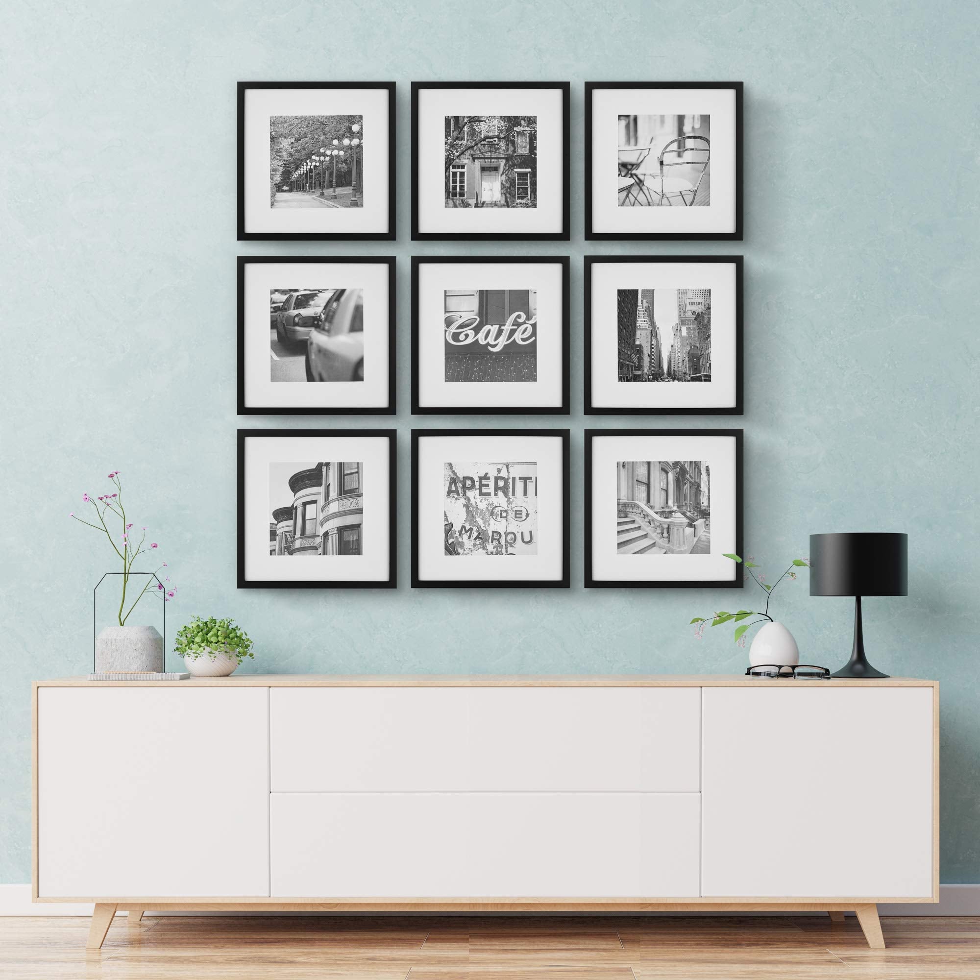 Gallery Perfect mounted in a perfect grid creating a polished gallery wall focal point