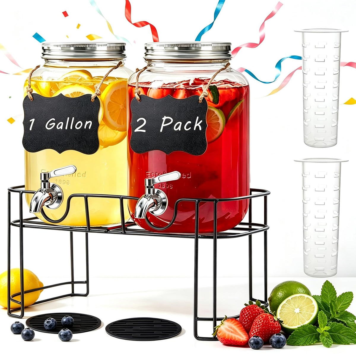 Galssmagic front view showing both glass dispensers and stands, elegant serving