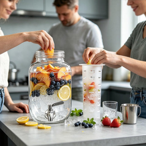 Galssmagic dispenser next to standard drinking glasses, clear capacity reference