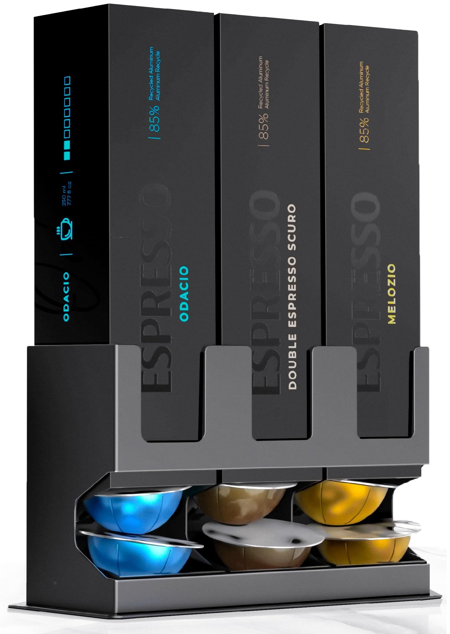 GALVANOX front view showing three boxed Vertuo sleeves and easy reach access