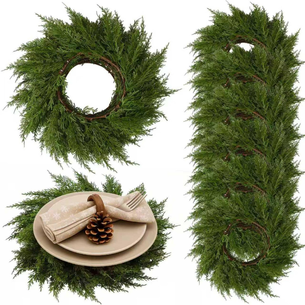 Gandeer cedar wreath placemat front view showing festive charger benefit