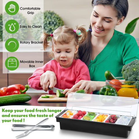 Gandeer garnish tray lids and included tongs and forks for sanitary serving