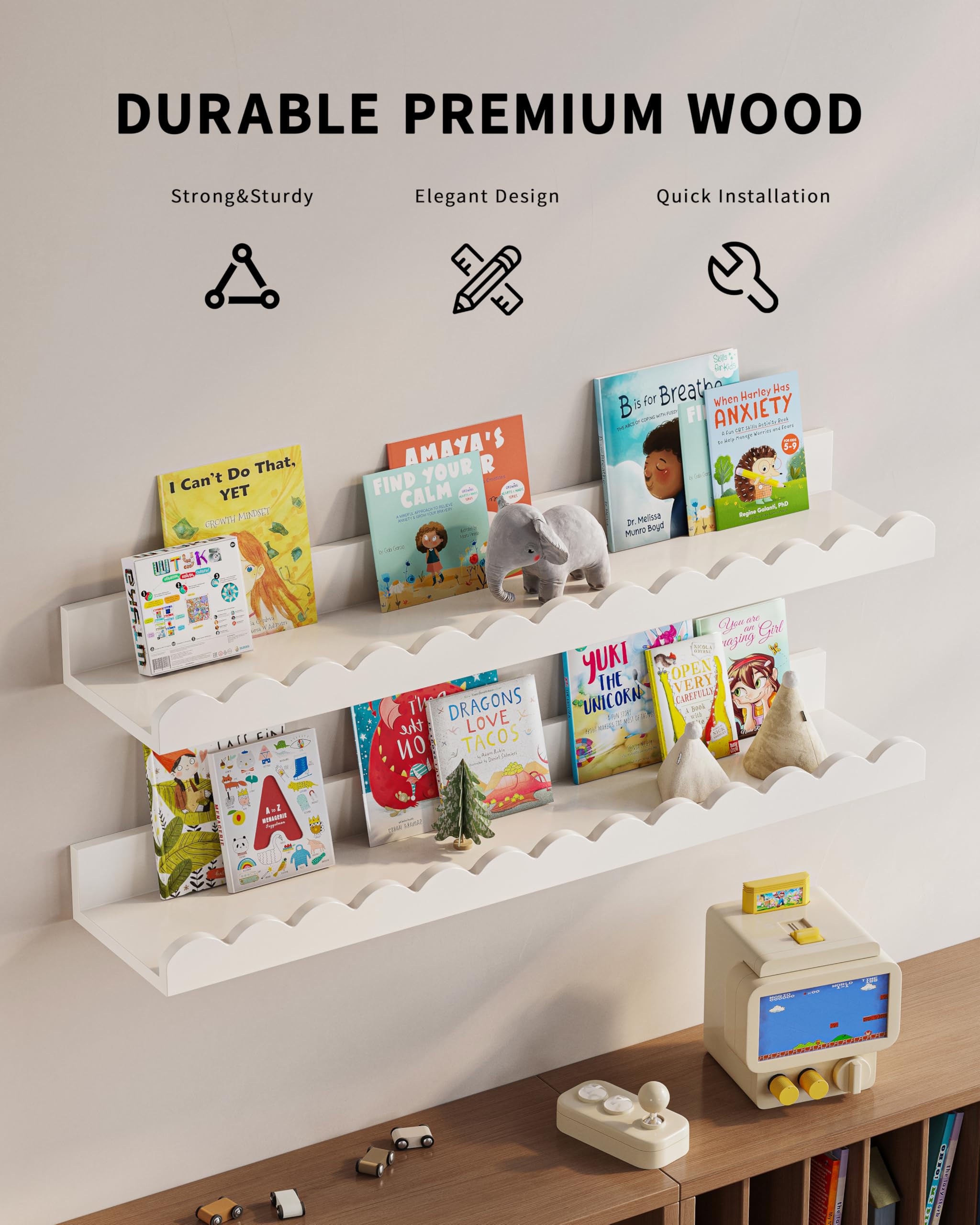 G&W Gruwald shelf in use with toddler reaching books showing easy accessibility