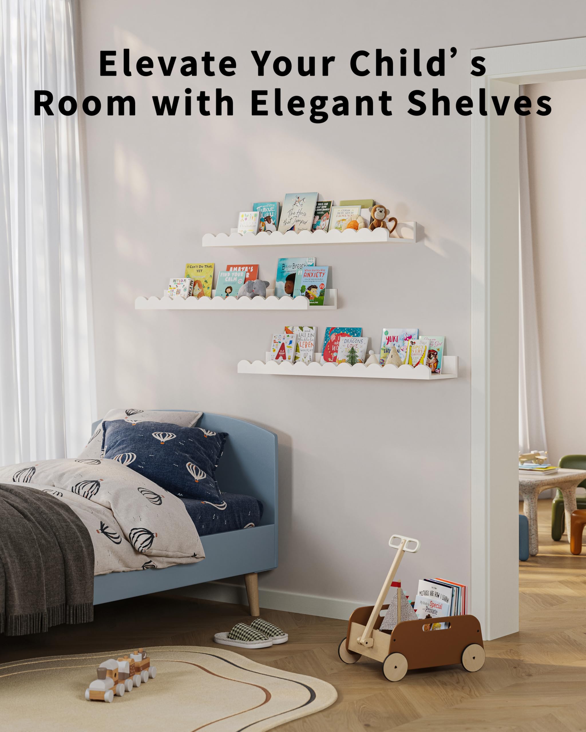 G&W Gruwald shelves mounted in a nursery creating tidy storage and decorative focal point