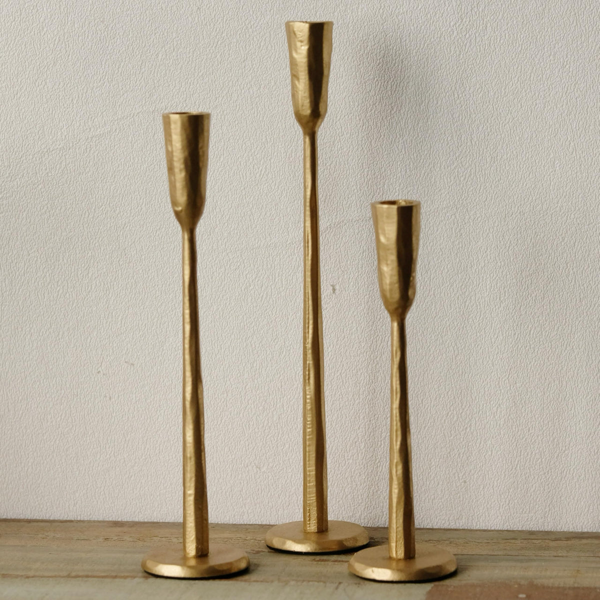 Ganwu front view of set of three candlesticks shows elegant vintage styling and balance