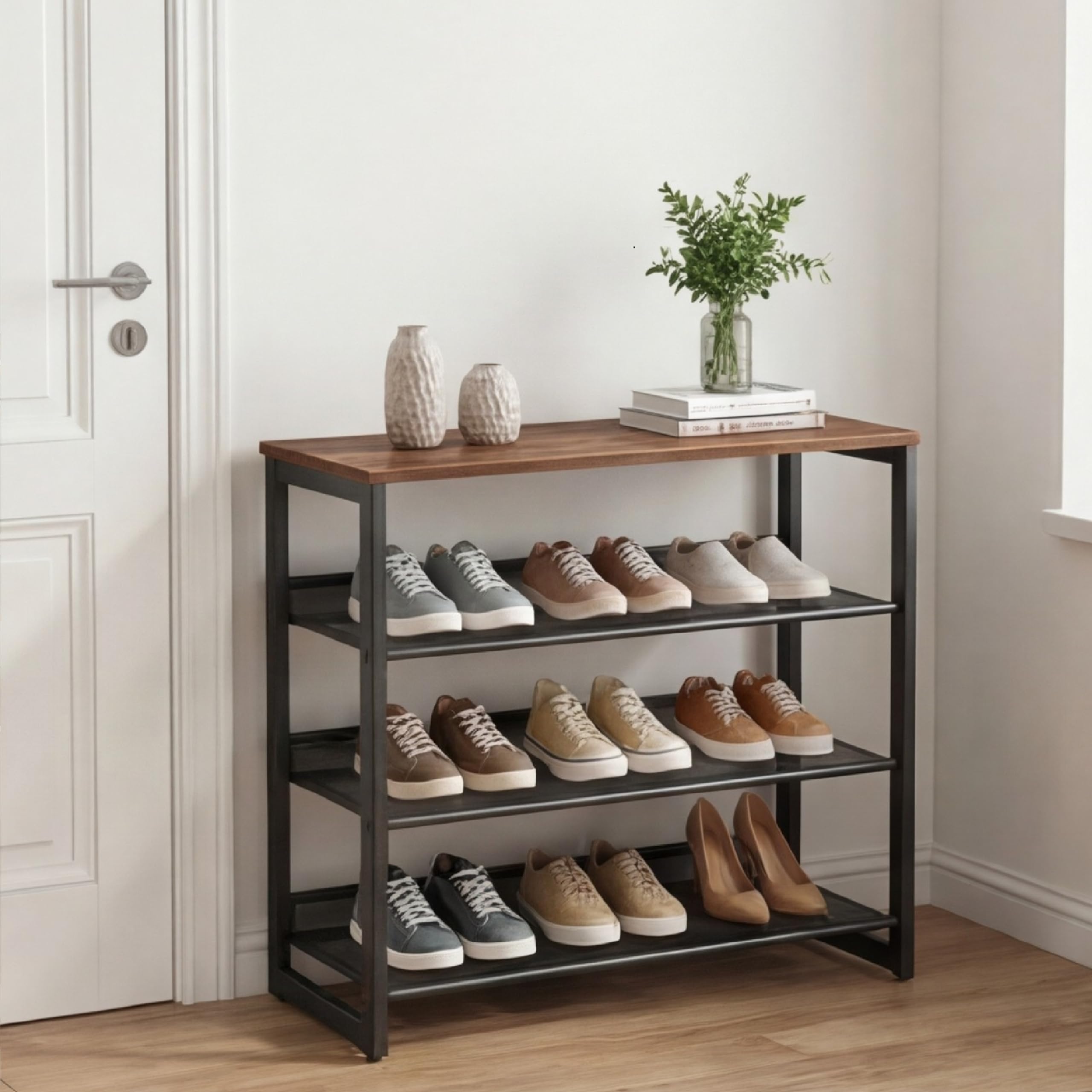 Garden 4 you front view showing four-tier shoe rack and wooden tabletop for tidy entry