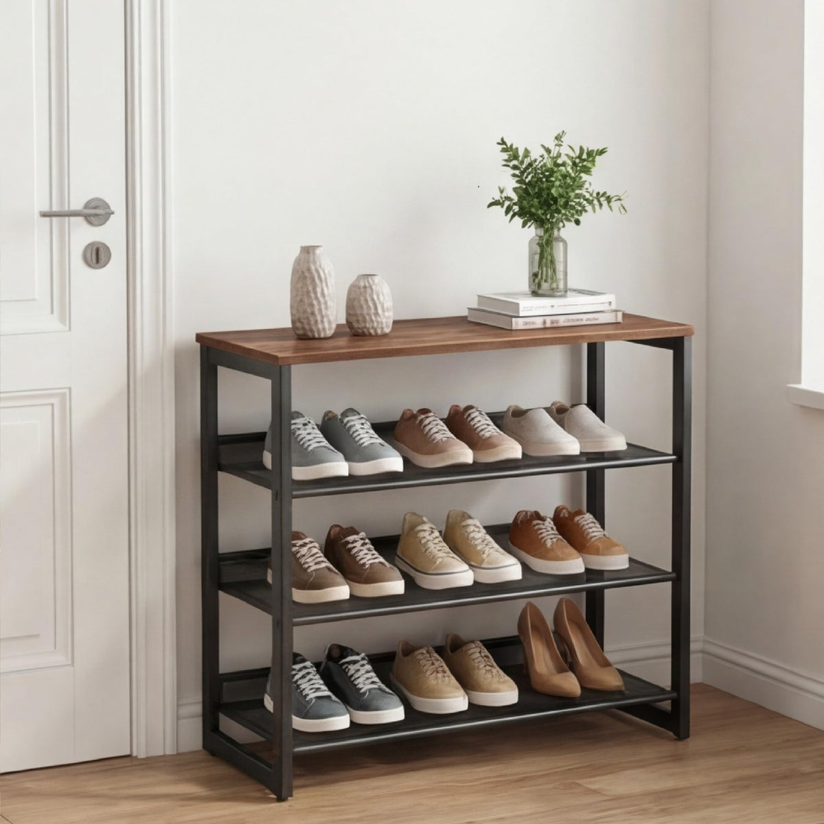 Garden 4 you front view showing four-tier shoe rack and wooden tabletop for tidy entry