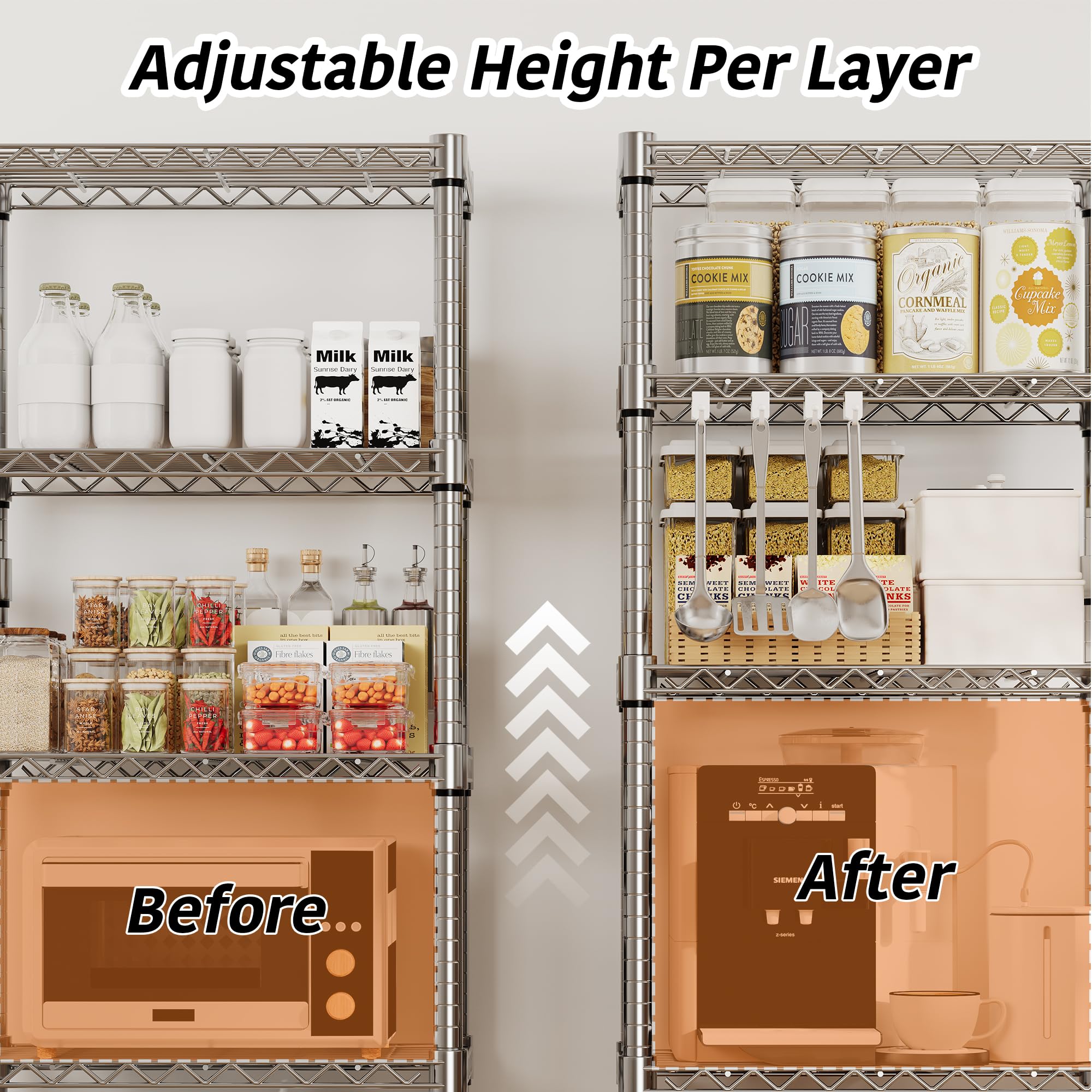 Garvee adjustable shelf height demo displaying reconfigured tiers for tall items advantage