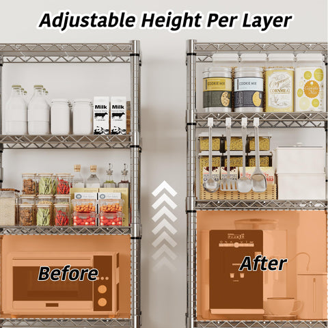 Garvee adjustable shelf height demo displaying reconfigured tiers for tall items advantage
