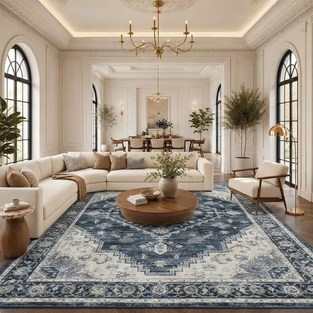 Garvee front view showing navy boho medallion and vintage finish, enhances room style