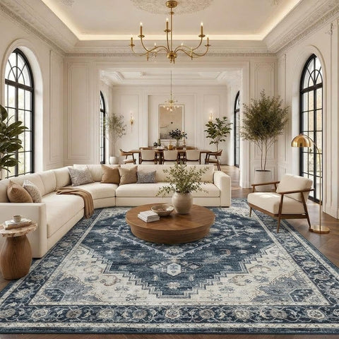 Garvee front view showing navy boho medallion and vintage finish, enhances room style