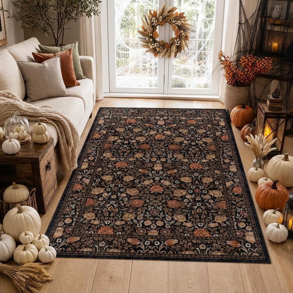GarveeHome front view showing dark brown floral rug anchoring a room and adding warmth