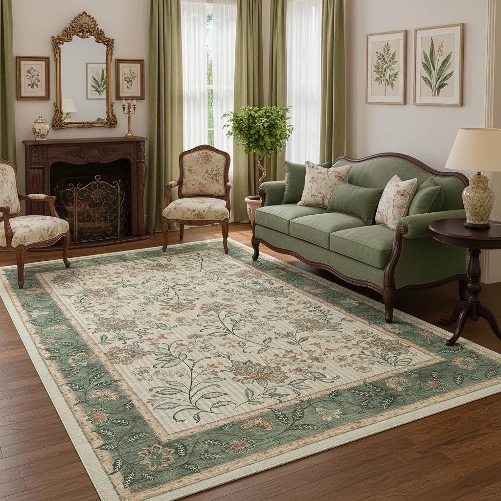 GarveeHome front view of 5x7 sage rug showing full floral design and scale